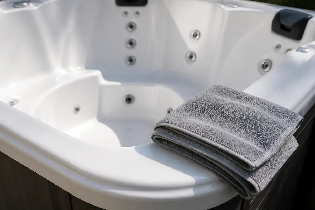 Empty acrylic hot tub shell with a soft cloth on the rim