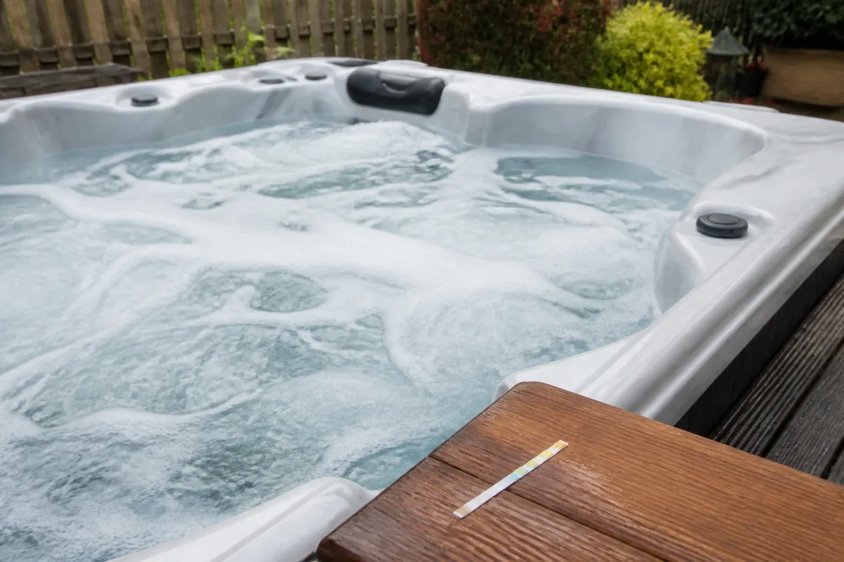 Foamy residential hot tub with a water test strip nearby