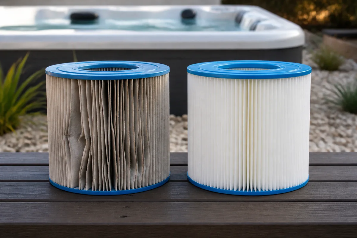Worn hot tub filter beside a clean replacement filter