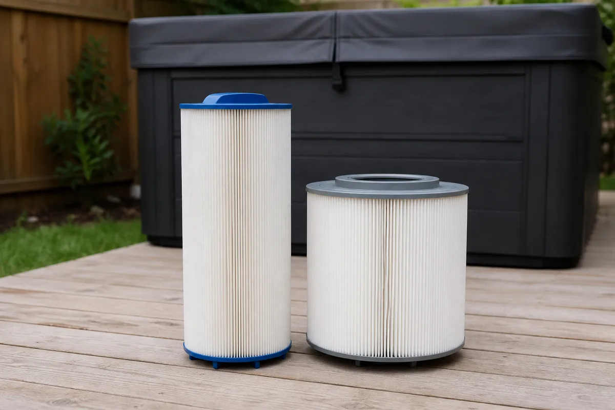 Two replacement hot tub filter cartridges with different sizes and end styles