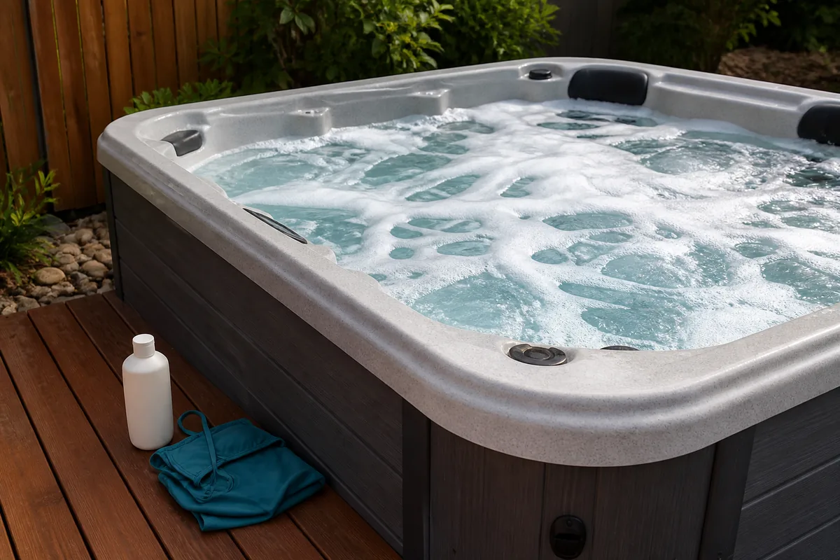 Foamy hot tub water beside a lotion bottle and folded swimsuit