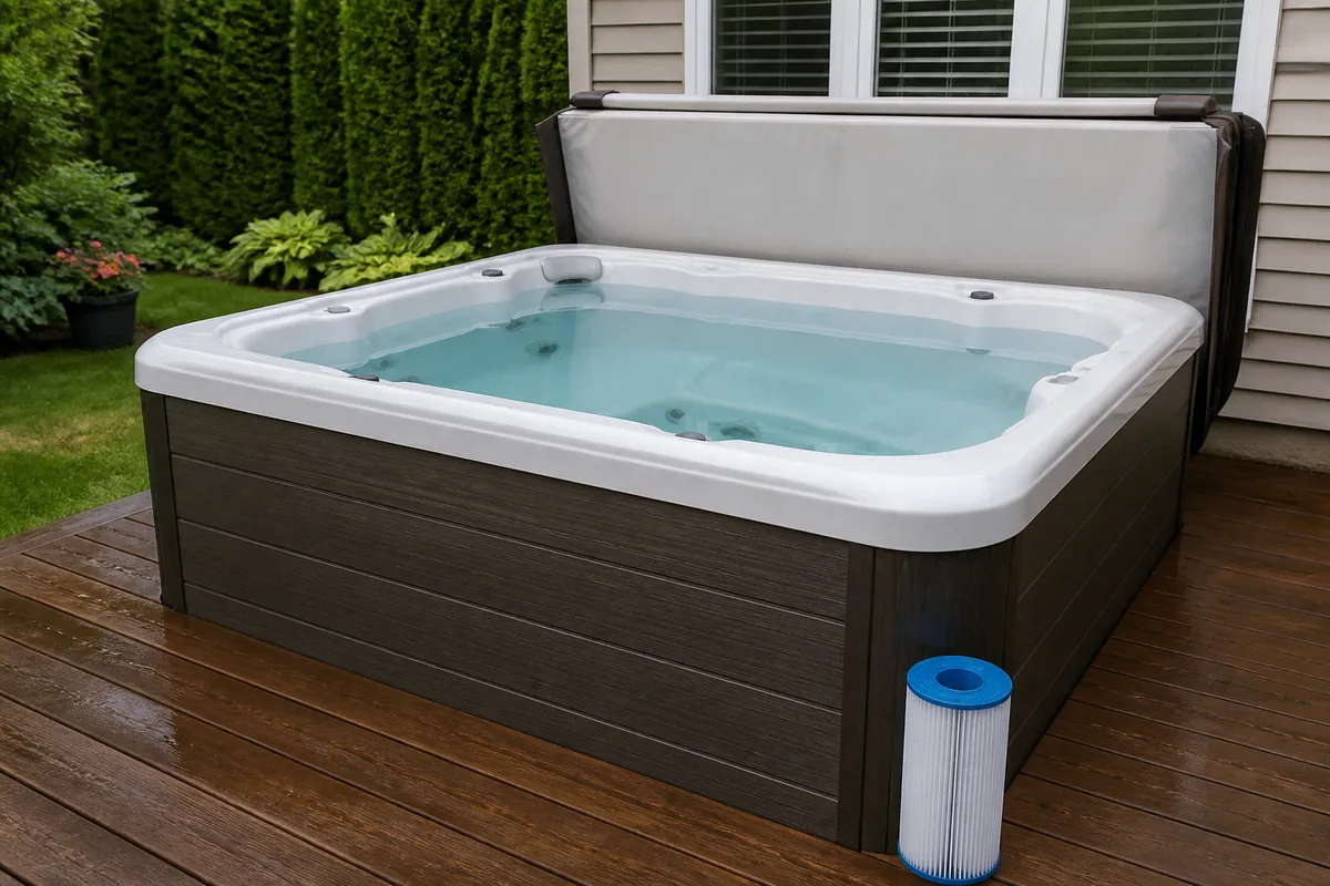 Hot tub with low circulation and a filter cartridge nearby