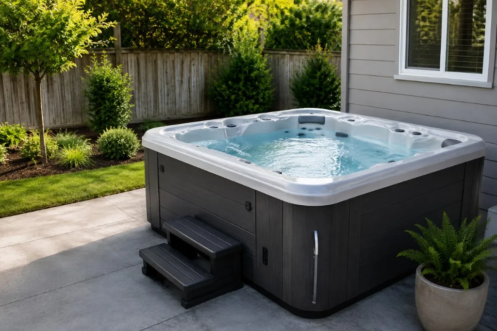 Residential backyard hot tub on a patio with clear water and landscaping