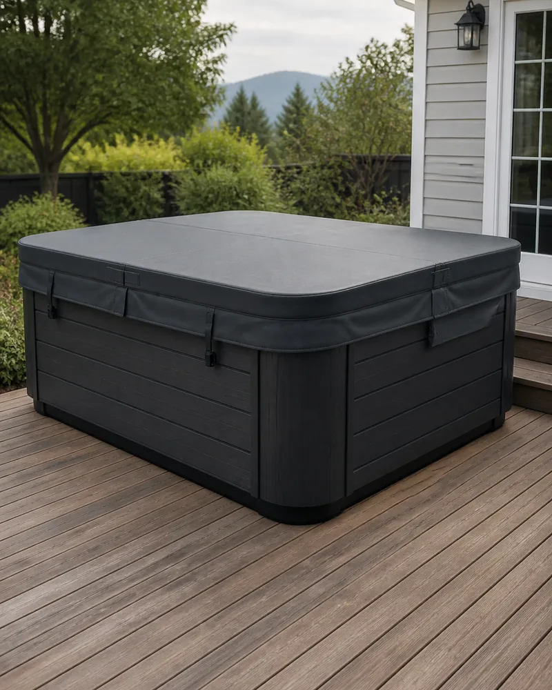 Covered residential hot tub on a wooden backyard deck
